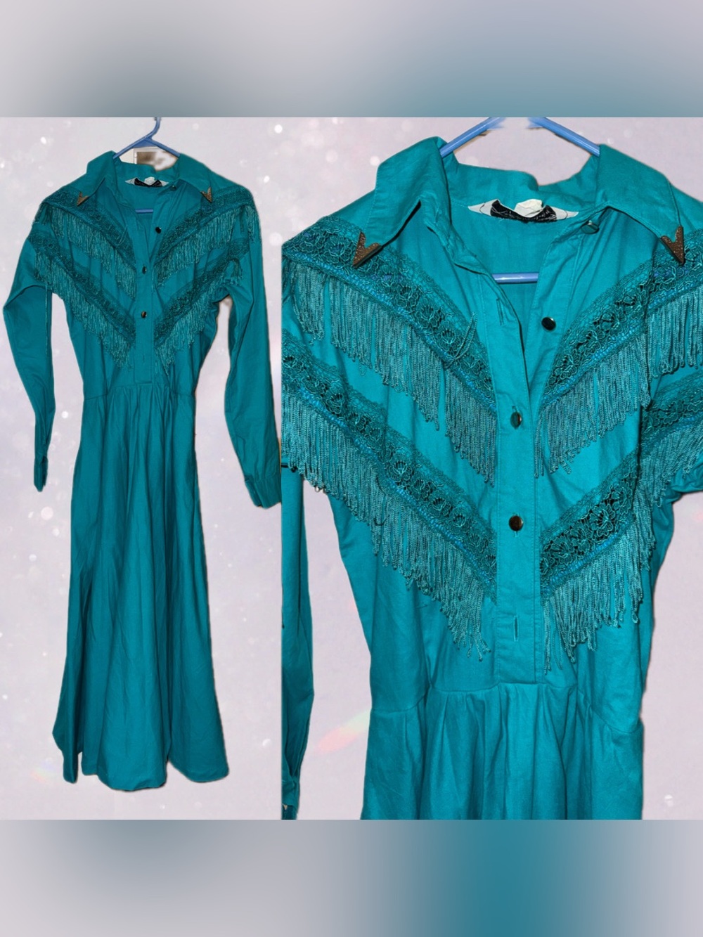 Vintage Lilia Smitty Teal Fringe Western dress Fringe Silver Studs Cowgirl